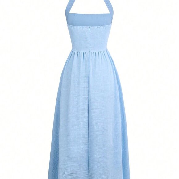 Blue Elegant Women's Hanging halter Neck Long Dress - Picture 6 of 11